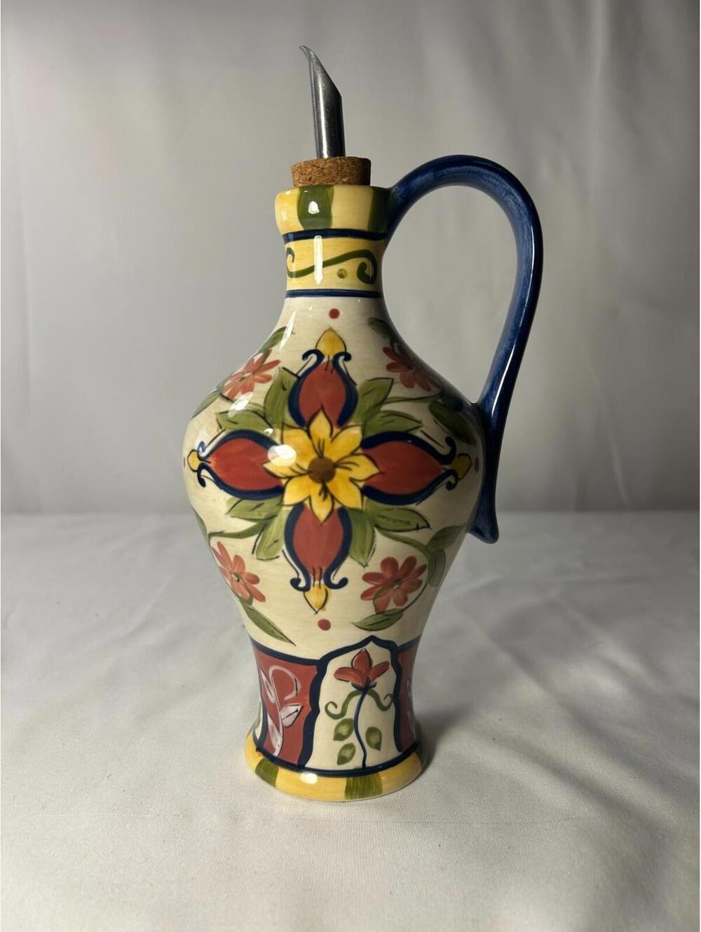Pier 1 Vallarta Hand-Painted Earthenware Oil & Vinegar Cruet Bottle w Pour Spout